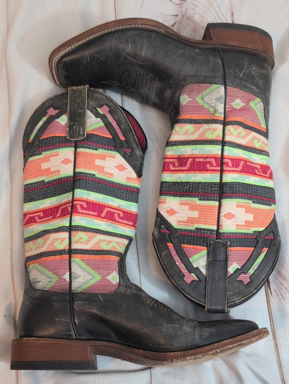 Macie Bean Women's Western Cowboy Boots Size 9.5 Black Leather Serape Square Toe